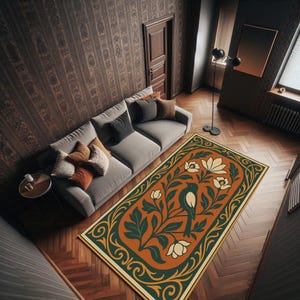 Folk Bird Rug With Floral Art Motif, Rustic Cottagecore Carpet With Olive & Rust Tones, Nature Inspired Statement Rug, Botanical Accent Rug