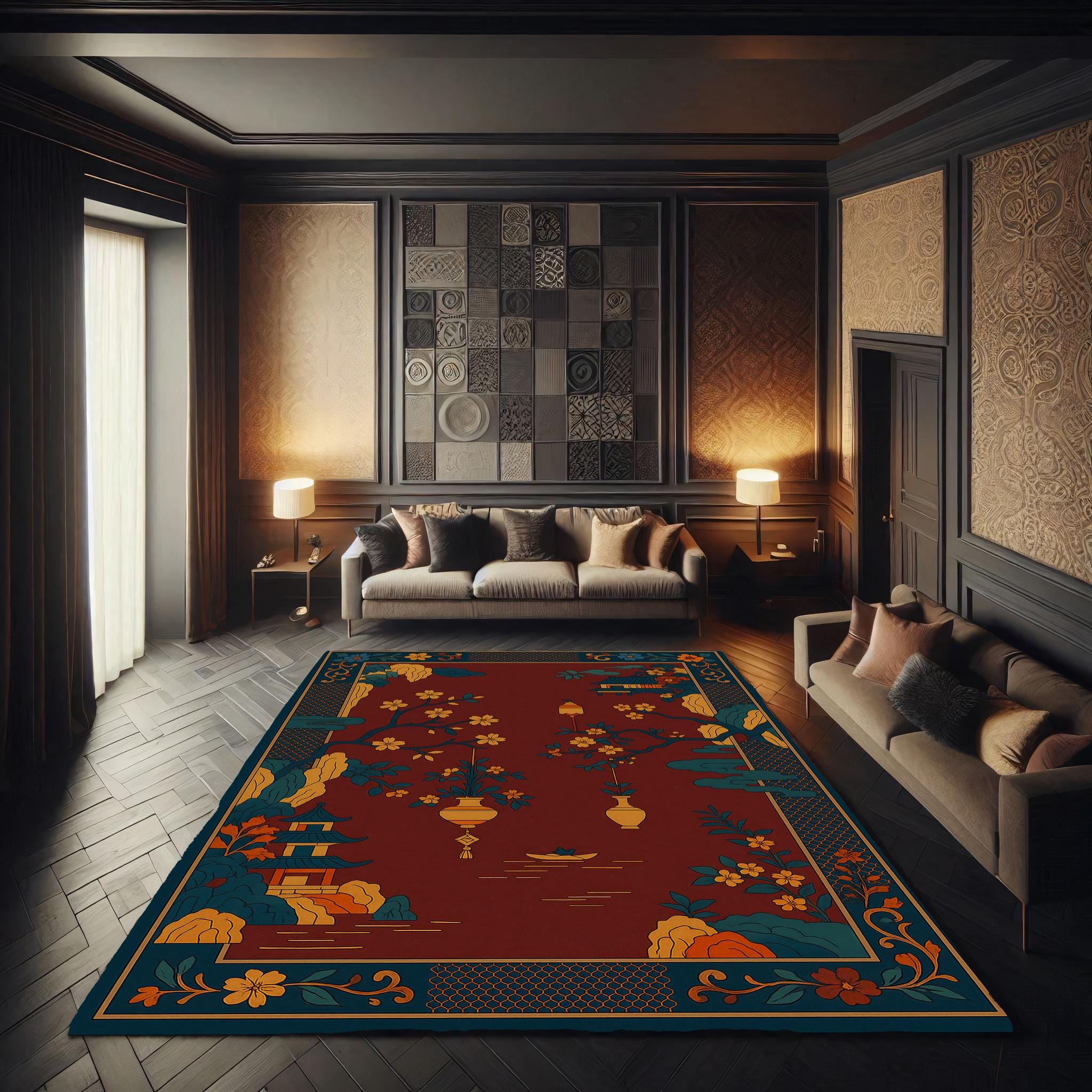 Chinese Art Deco Rug: Burgundy Pagoda Garden, Gold Lanterns - Etsy