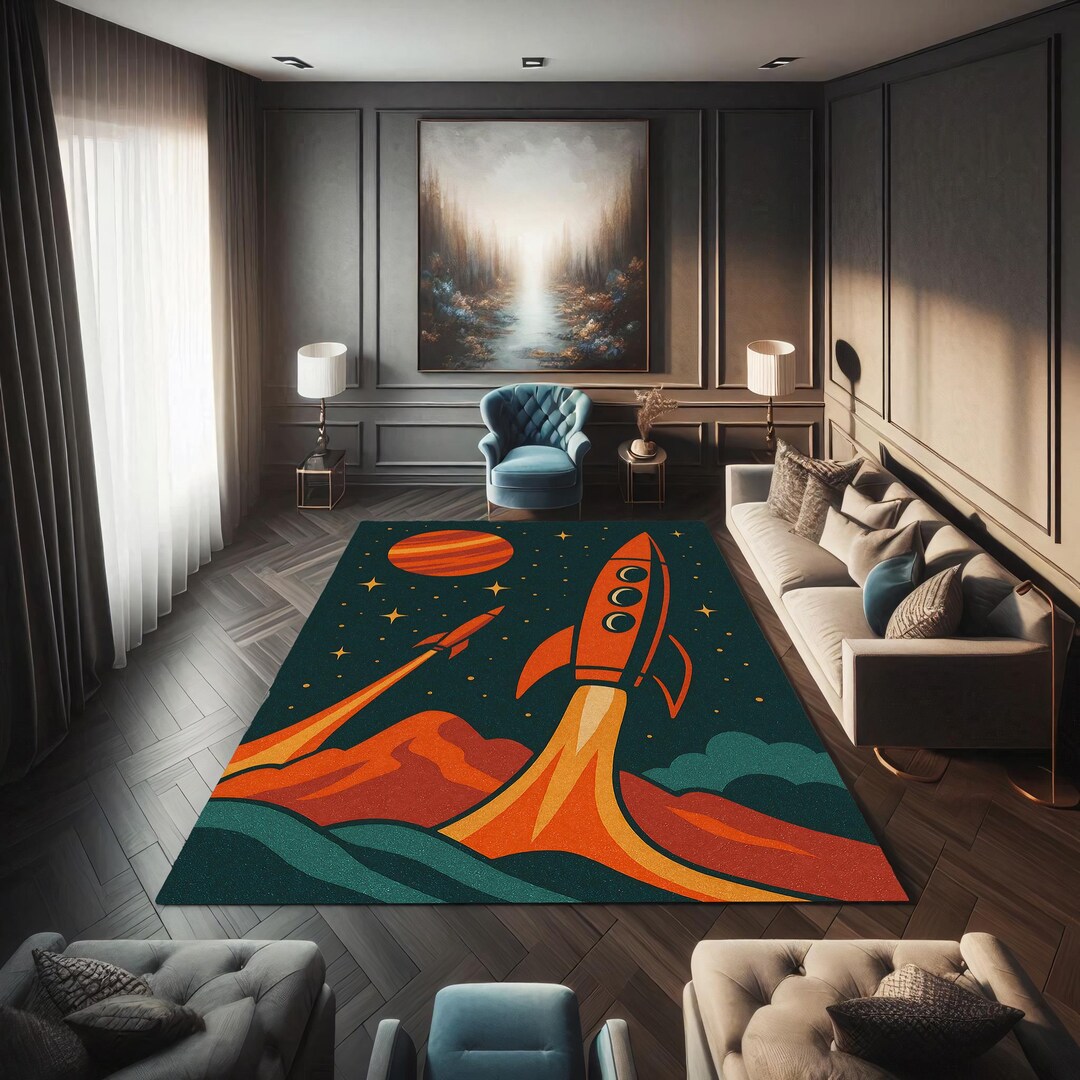 Retro Rocket Rug With Bold Sci-fi Space Theme, Vibrant Spacecraft ...