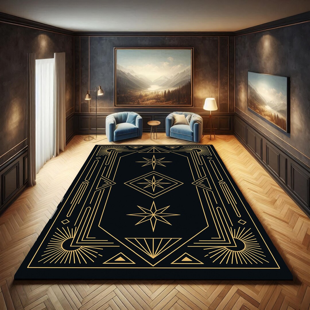 Deco Border Rugs Art Deco Border Rug: Gold Linework, Celestial Stars - Etsy