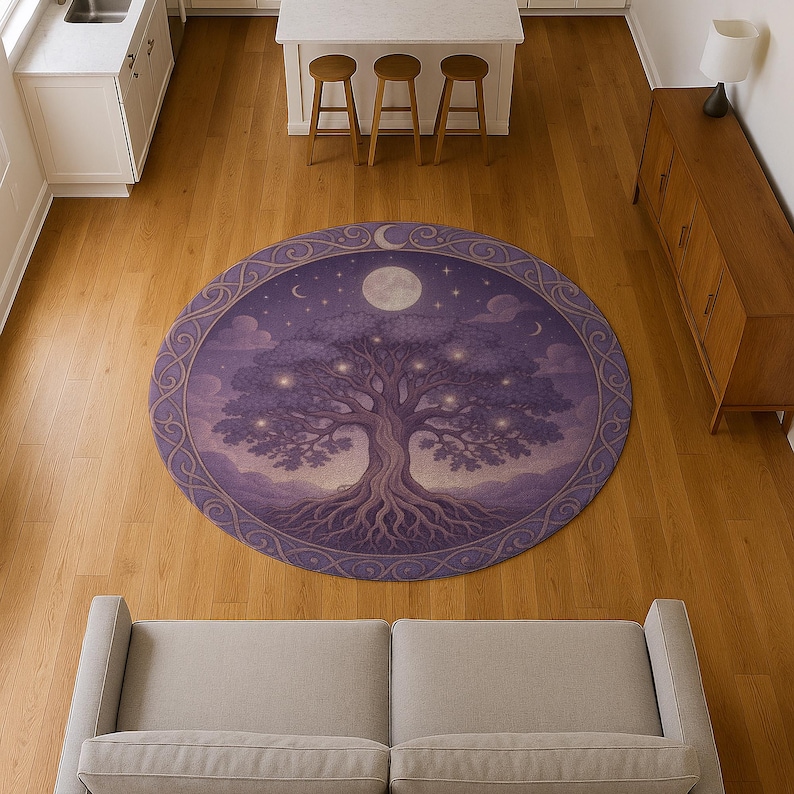 A round area rug featuring a tree design with a full moon and stars against a purple sky. The tree has glowing lights and intricate roots. The rug is bordered with a decorative pattern.