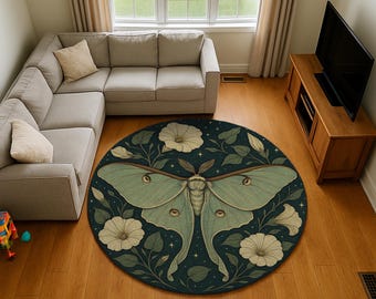 Moonflower Luna Moth Round Rug: Teal Night, Celestial Garden