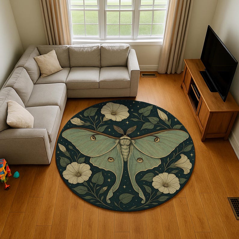 Moth Area Rug Moonflower Luna Moth Round Rug: Teal Night, Celestial Garden - Etsy