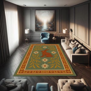 Folk Rabbit Rug With Floral Botanical Motifs For Nature-Themed Interior, Whimsical Woodland Animal Rug, Vintage Bunny Carpet Cottagecore Rug