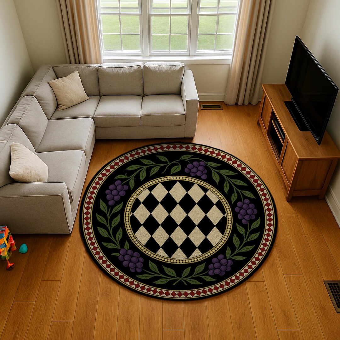Harlequin Grapevine Round Rug: Black and Cream, Red Border - Etsy