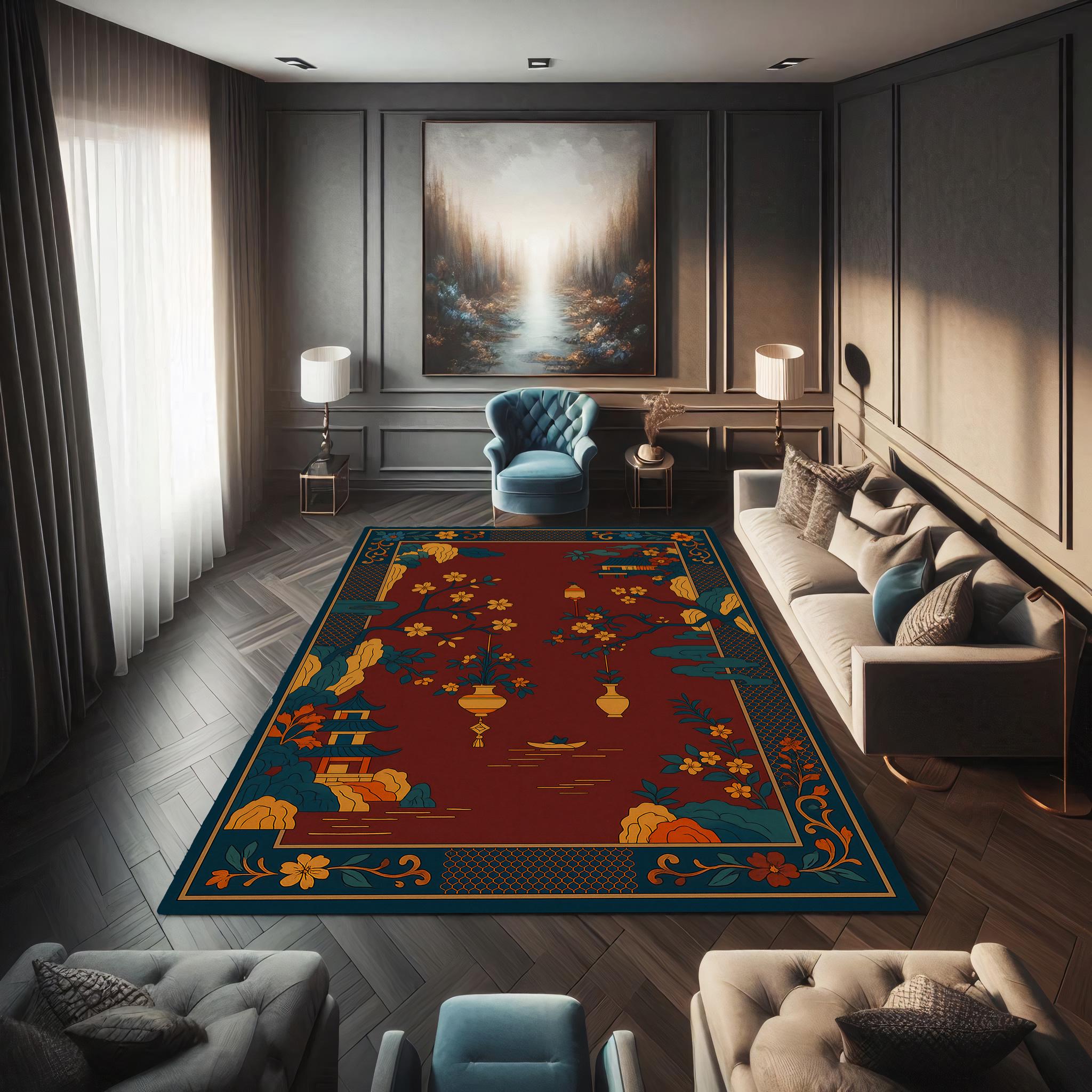 Chinese Art Deco Rug: Burgundy Pagoda Garden, Gold Lanterns - Etsy