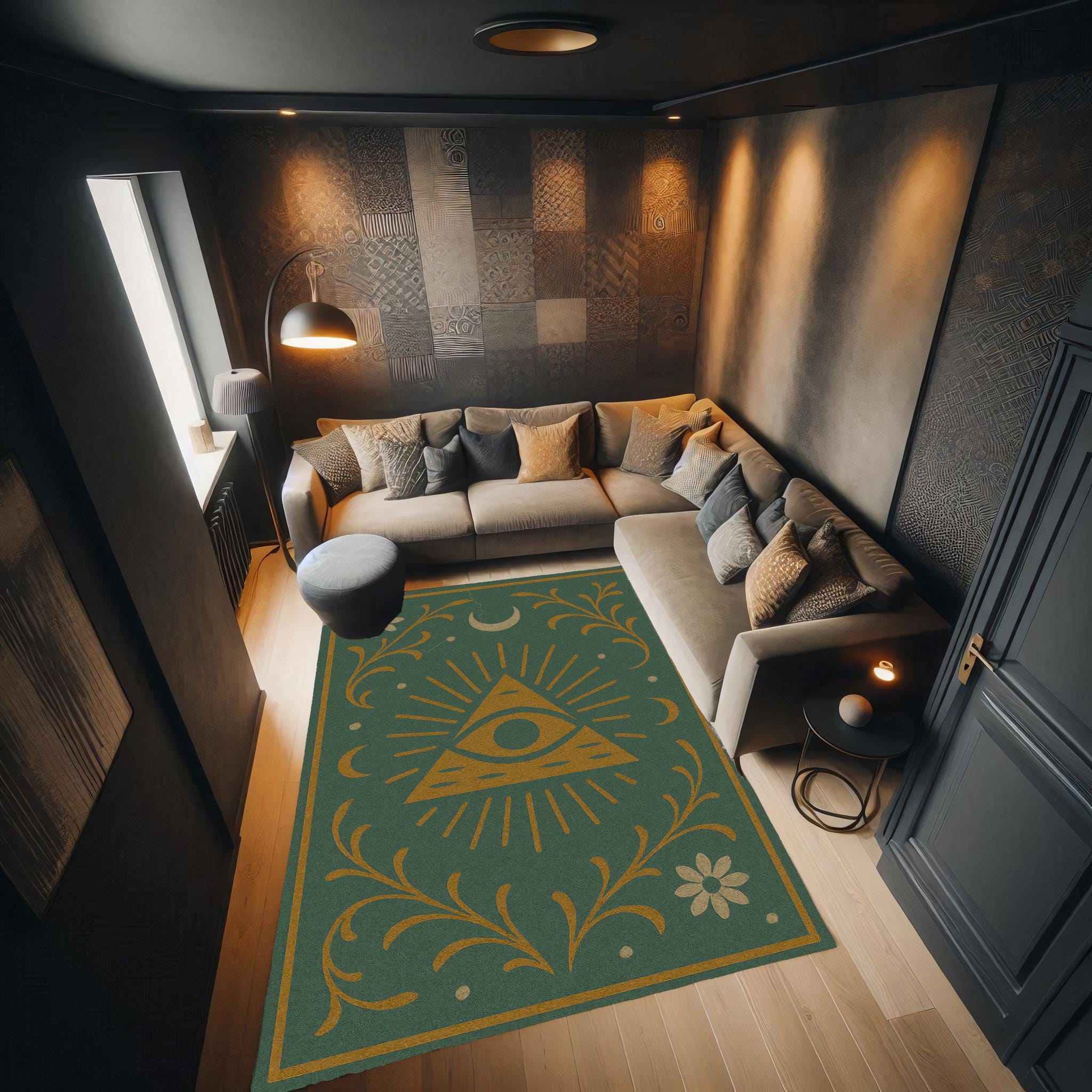 Green All Seeing Eye Rug: Witchy Occult Decor with Moon Phases