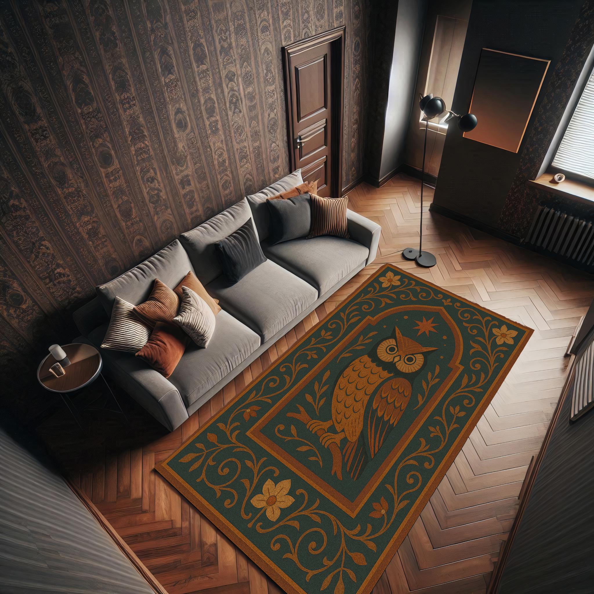 Owl Folk Rug: Mystical Floral Frame, Witchy Cottagecore Decor