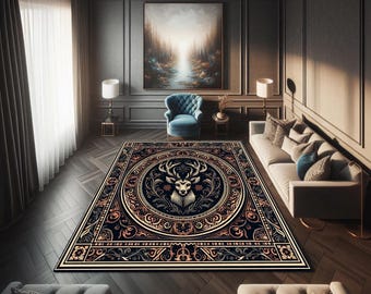 Woodland Stag Medallion Rug: Vintage Floral Border, Luxury Living Room Carpet