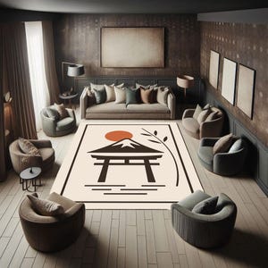 Japanese Torii Rug With Mount Fuji And Red Sun – Minimalist Zen Carpet Featuring Traditional Landscape Design For Calm Japandi Interiors