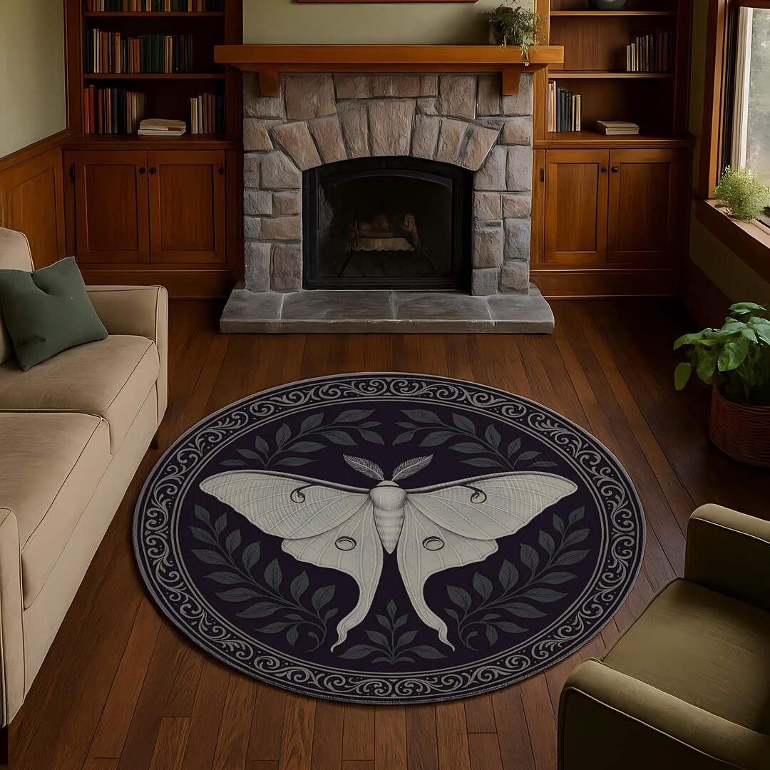 Large Moth Rug Ivory Luna Moth Round Rug: Ornate Border, Charcoal Sage - Etsy