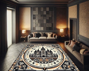Gothic Castle Art Rug: Medieval Fortress, Bat & Raven Design
