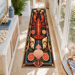 Tappeto a corsia con motivo a aragosta, decorazioni per la cucina in stile costiero, accenti nautici per il corridoio, stile casa al mare