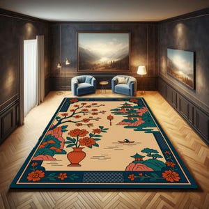 Chinese Art Deco Rug: Floral Pagoda, Oriental Zen Style