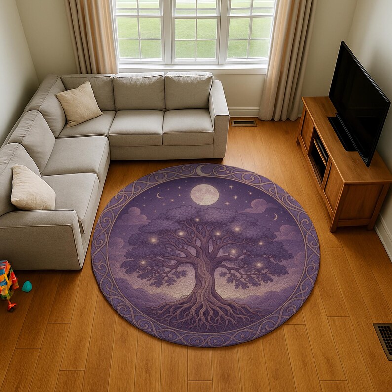 May include: A round area rug featuring a stylized tree design in shades of purple, with a full moon and stars in the background. The rug has a decorative border and is placed on a hardwood floor.
