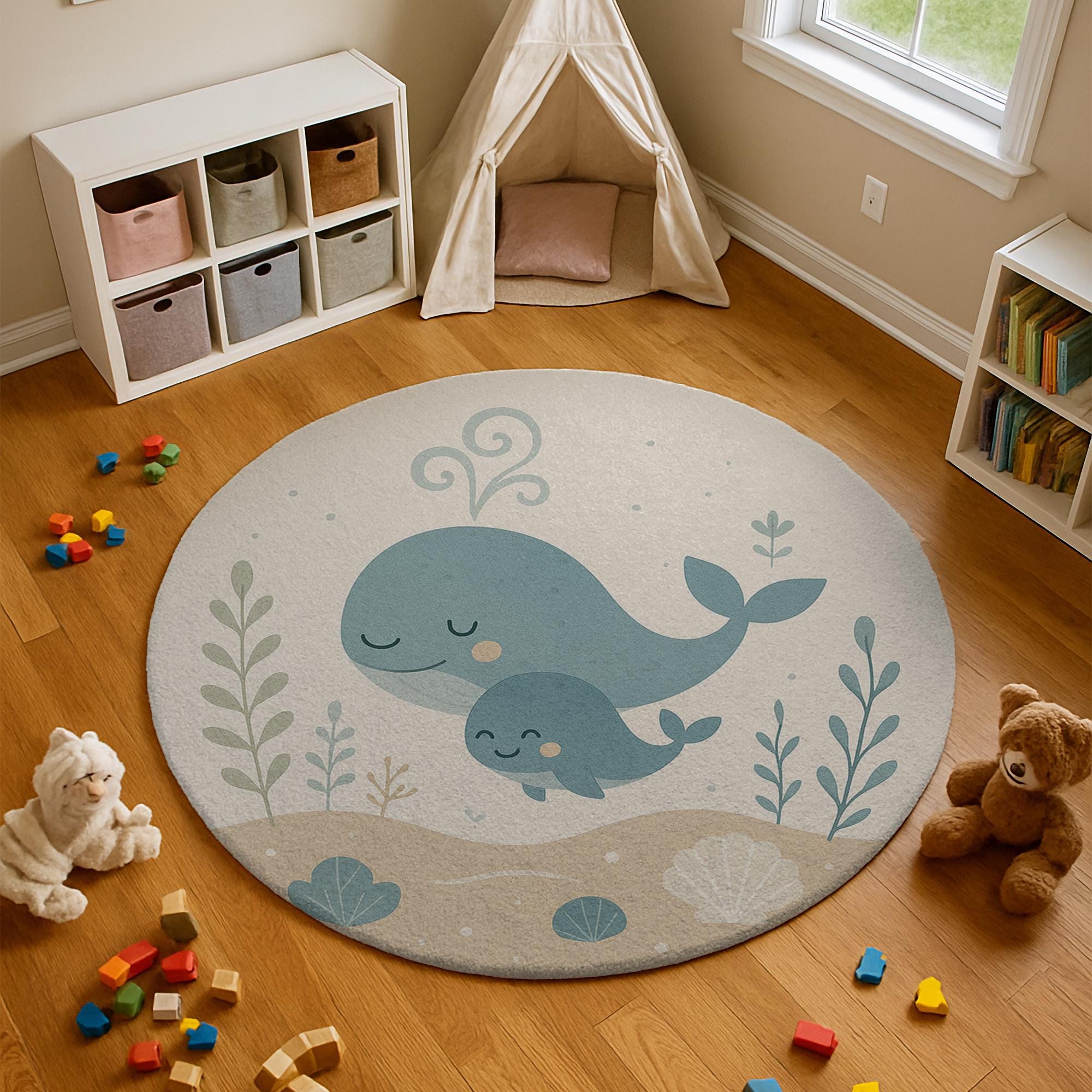 Round Mother & Baby Whale Rug, Washable Coastal Nursery Rug - Etsy Israel