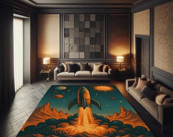 Retro Rocket Rug: Sci-Fi Outer Space Kids Room Decor