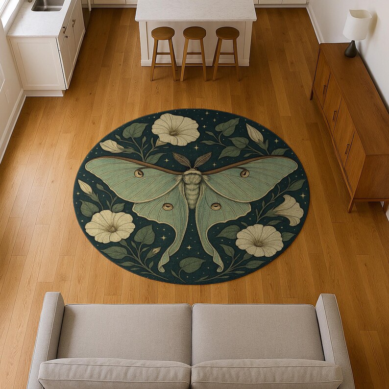 Moth Pattern Rug Moonflower Luna Moth Round Rug: Teal Night, Celestial Garden - Etsy