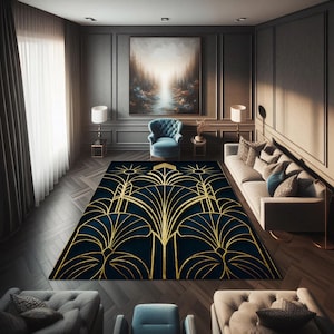 Navy Blue Art Deco Rug: Gold Geometric Glam Accent Rug