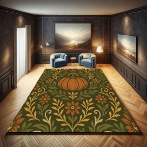 Pumpkin Folk Rug – Autumn Harvest Style Rug With Pumpkin & Floral Motifs, Cozy Fall Accent Carpet, Cottagecore Rug, Home Decor Mat