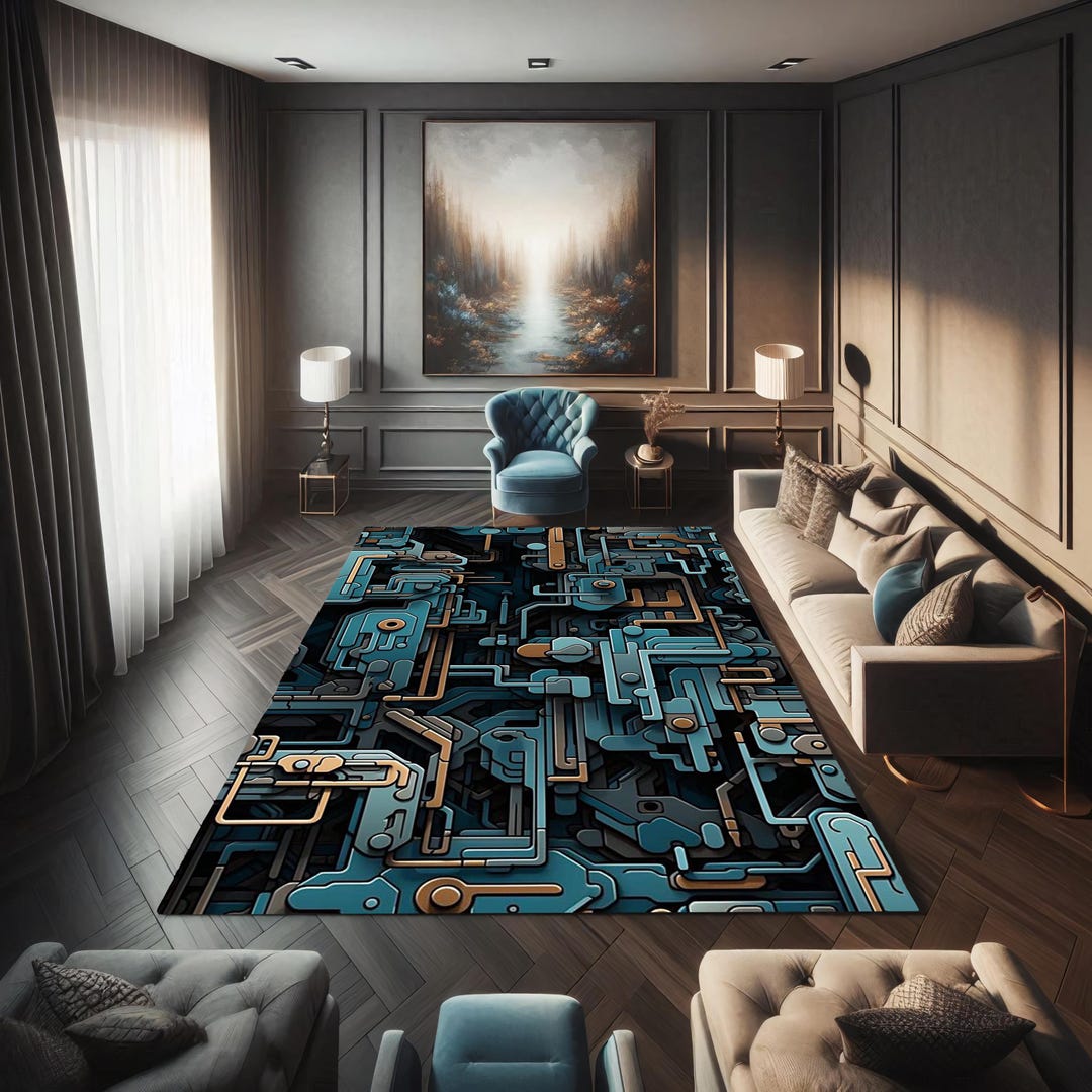 Technology Rug Circuit Board Rug: Black Teal Tech Pattern, Futuristic Cyberpunk Gamer ...