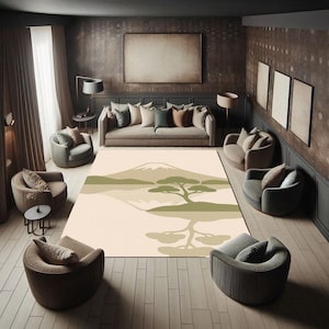 Minimalist Mount Fuji Rug With Japanese Tree Reflection Design, Zen Landscape Carpet For Entryway, Serene Nature Scene Rug, Calm Decor Rug