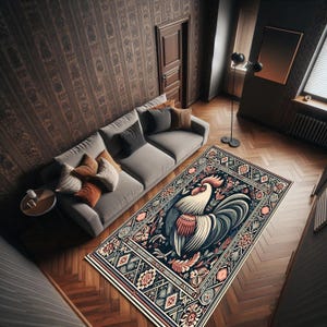 Elegant Rooster Rug - Floral Folk Style Rug With Detailed Rooster Design, Farmhouse Animal Accent Rug For Rustic Kitchen Or Country Decor