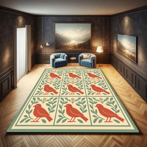 Folk Bird Pattern Rug For Charming Boho Homes, Decorative Scandinavian Style Carpet, Repeating Bird Art Rug, Botanical Accent Rug