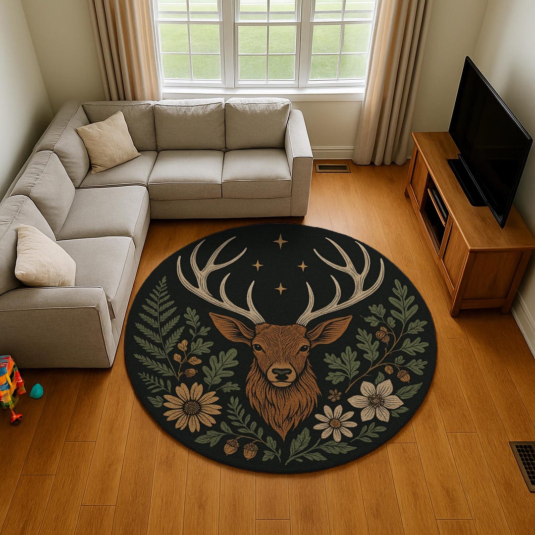 Stag Round Rug: Woodland Antlers With Flowers & Acorns - Etsy