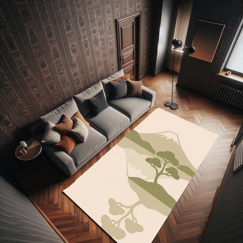 Minimalist Mount Fuji Rug With Japanese Tree Reflection Design, Zen ...