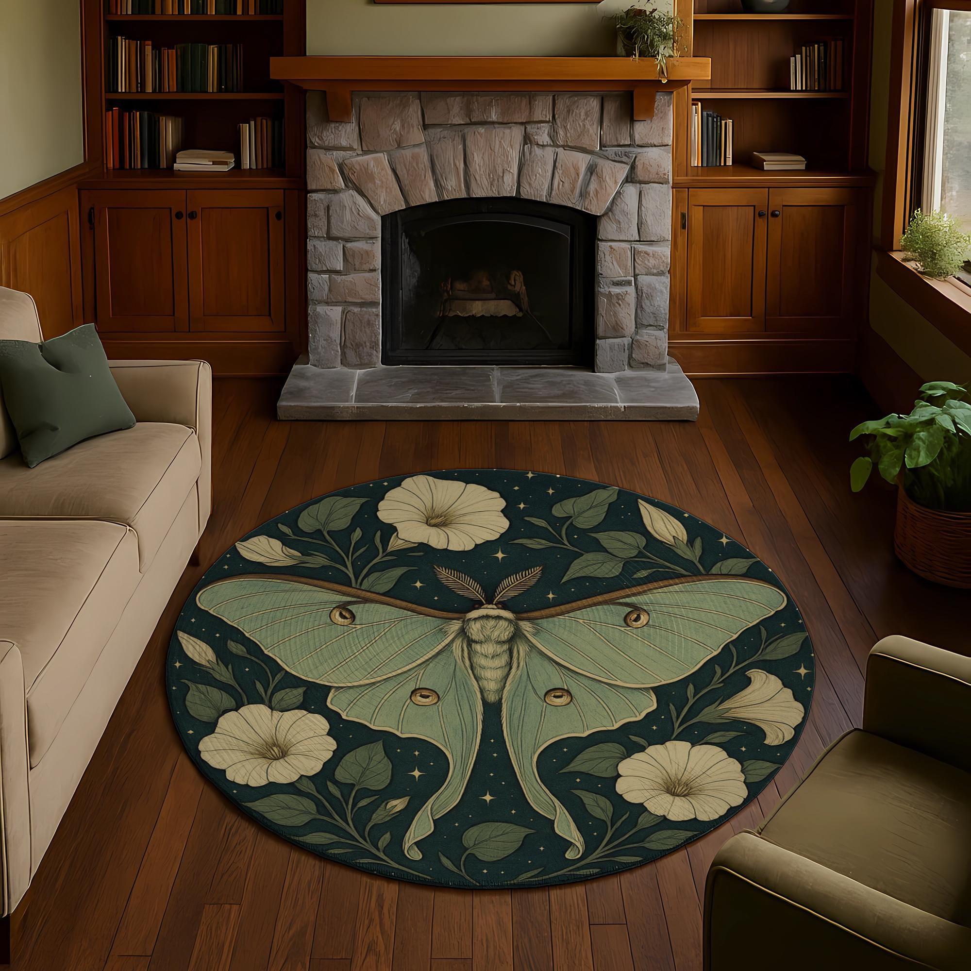 Moonflower Luna Moth Round Rug: Teal Night, Celestial Garden - Etsy