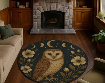 Owl Round Rug: Barn Owl Moon Phases, Night Wildflowers