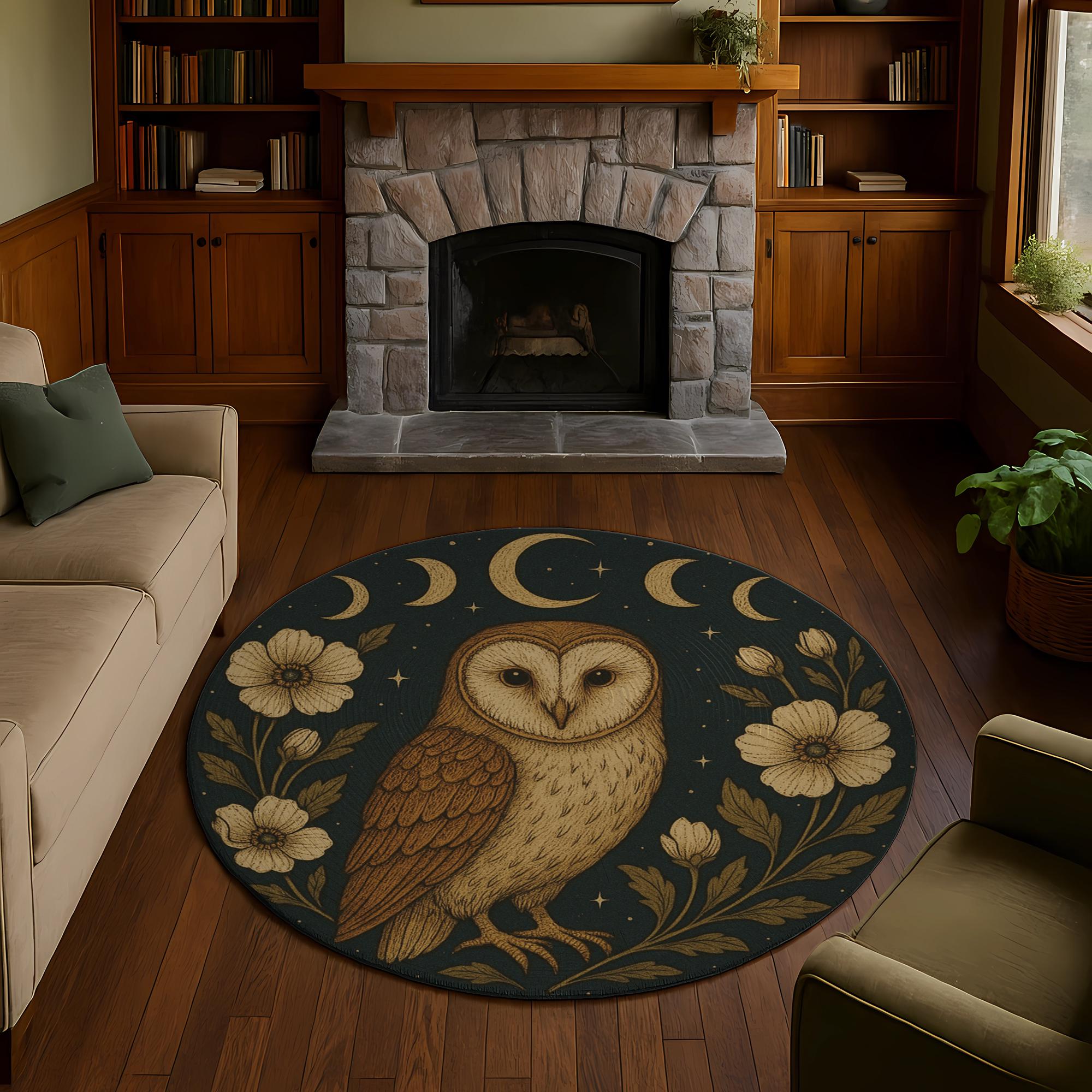 Owl Round Rug: Barn Owl Moon Phases, Night Wildflowers
