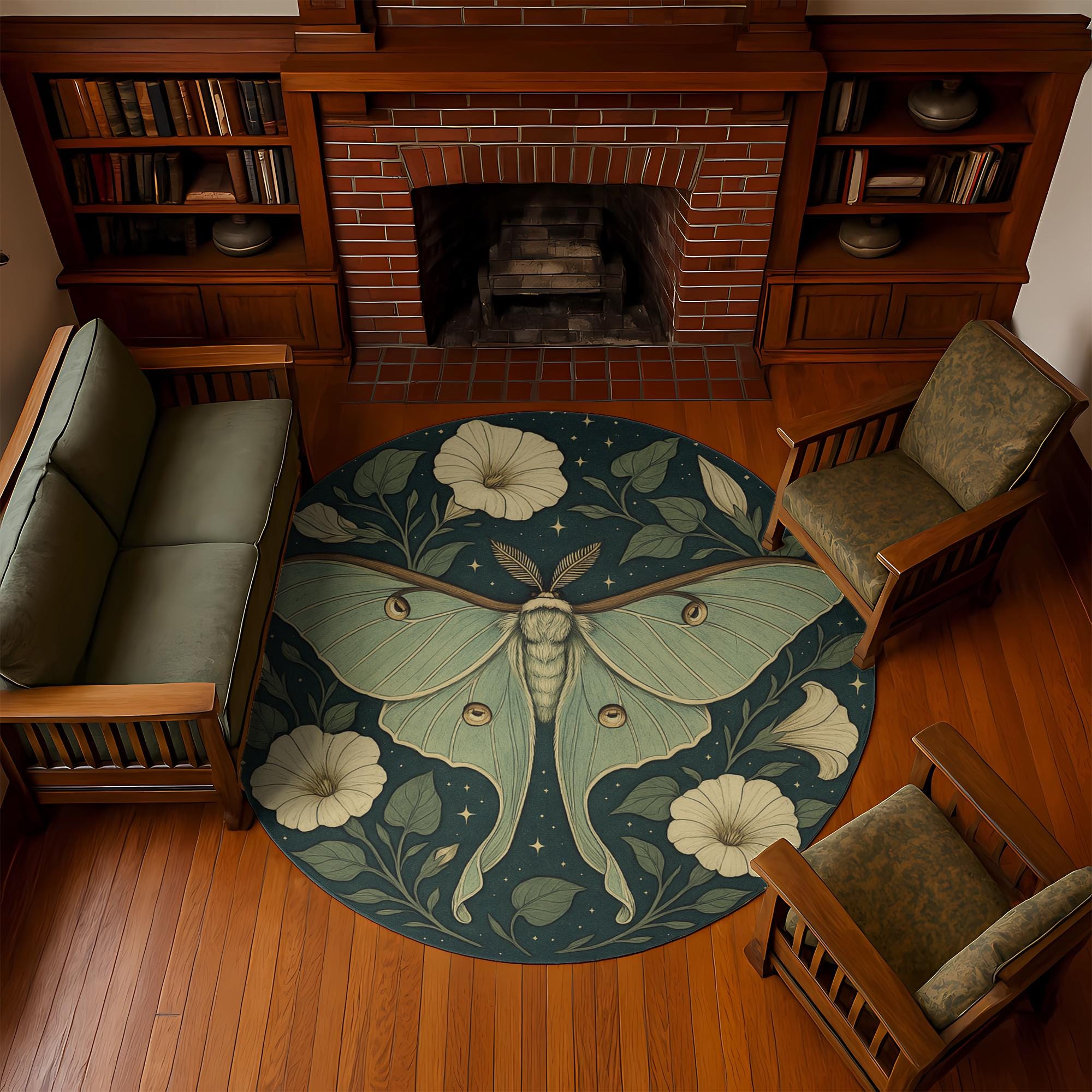 Moonflower Luna Moth Round Rug: Teal Night, Celestial Garden - Etsy