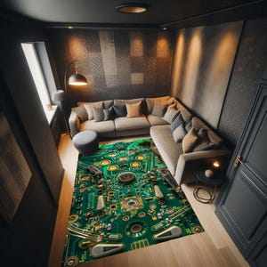 May include: A green and gold area rug with a circuit board design. The rug is in a living room with a grey sectional sofa, a small round ottoman, and a floor lamp. The walls are dark grey.