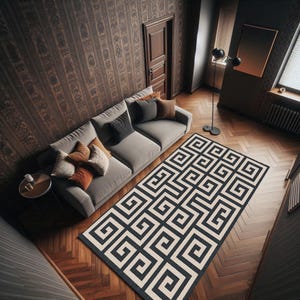 Modern Greek Key Rug – Minimalist Black And Beige Geometric Area Rug With Maze Inspired Pattern For Contemporary Living Room Or Office Decor