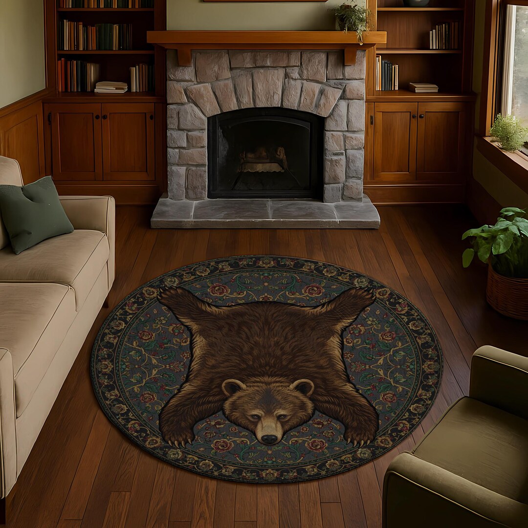 Round Hide Rugs Bear Hide Round Rug: Vintage Floral, Charcoal Medallion - Etsy