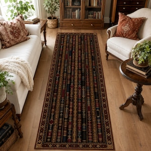 May include: A long rectangular runner rug featuring a repeating pattern of vertical vintage book spines in shades of deep red, navy blue, black, and gold. The rug has a dark brown border with a geometric diamond and dot motif along the edges.