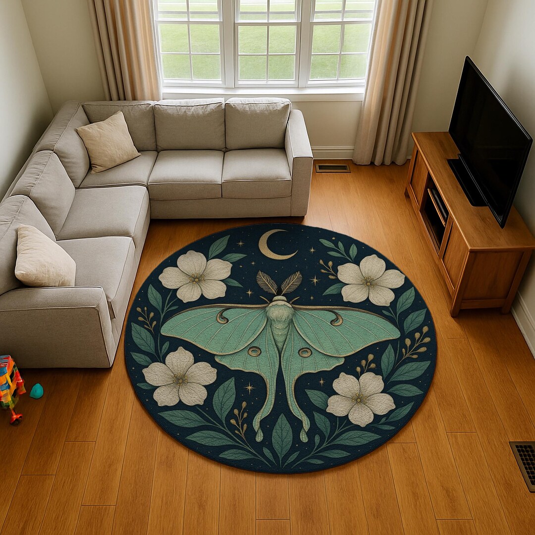 Luna Moth Round Rug: Night Garden, Teal & Ivory - Etsy