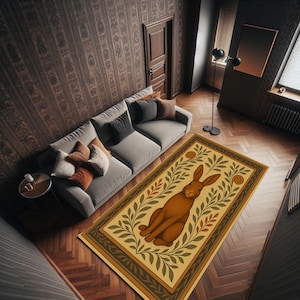 Rabbit Rug – Woodland Animal Rug With Earth Tones, Folk Art Bunny Carpet For Rustic Decor, Nature Inspired Accent Rug For Cozy Living Spaces