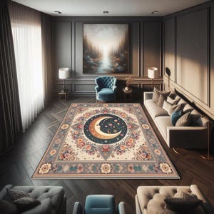 Moon Phase Rug - Floral Celestial Rug With Crescent Moon Face And Stars, Mystic Botanical Rug For Boho, Witchy Or Dreamy Home Decor