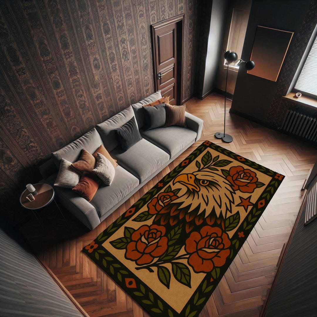 Classic Rose Rug Eagle Rose Rug: Vintage Tattoo Flash Folk Art, Rustic Gothic Border ...