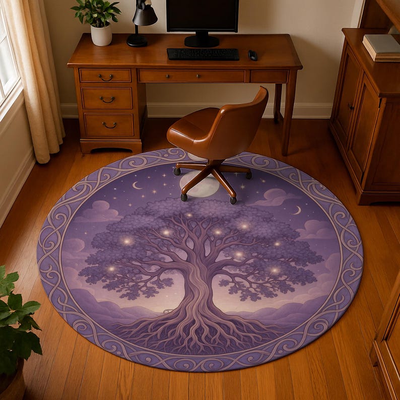 May include: A round area rug featuring a stylized tree design. The rug has a purple and blue color scheme with a night sky background, including stars, clouds, and a moon. The tree has glowing lights in its branches and a detailed root system.