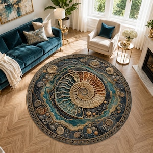 May include: A large, round area rug featuring a prominent central ammonite fossil design in shades of gold and brown, surrounded by smaller fossil motifs against a deep blue and teal textured background with a decorative border pattern.