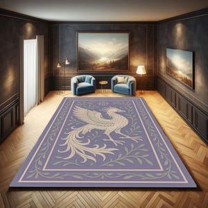 Phoenix Bird Rug With Mystical Style, Elegant Fantasy Rug For Boho Rooms, Mythical Creature Carpet For Decor, Purple Botanical Rug