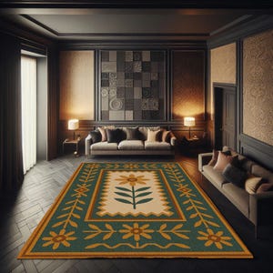 Folk Flower Rug In Warm Tones, Simple Botanical Rug With Geometric Frame, Retro Country-Style Rug For Cozy Living Spaces Or Entryways