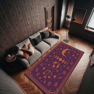Sternzeichen-Symbole Teppich mit Mondphasen, kosmische Astrologie Teppich in lila Gold, Horoskop-Star-Chart-Teppich für mystischen Raum, himmlische Orbit-Teppich