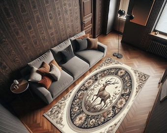 Vintage Floral Deer Rug: Rustic Cabin Accent Mat