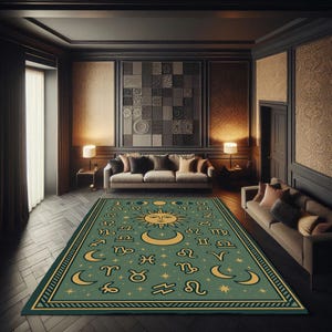 Alfombra con signos del zodíaco, fases del sol y la luna en estilo folk celestial, alfombra inspirada en la astrología para una decoración espiritual, alfombra con símbolos místicos.