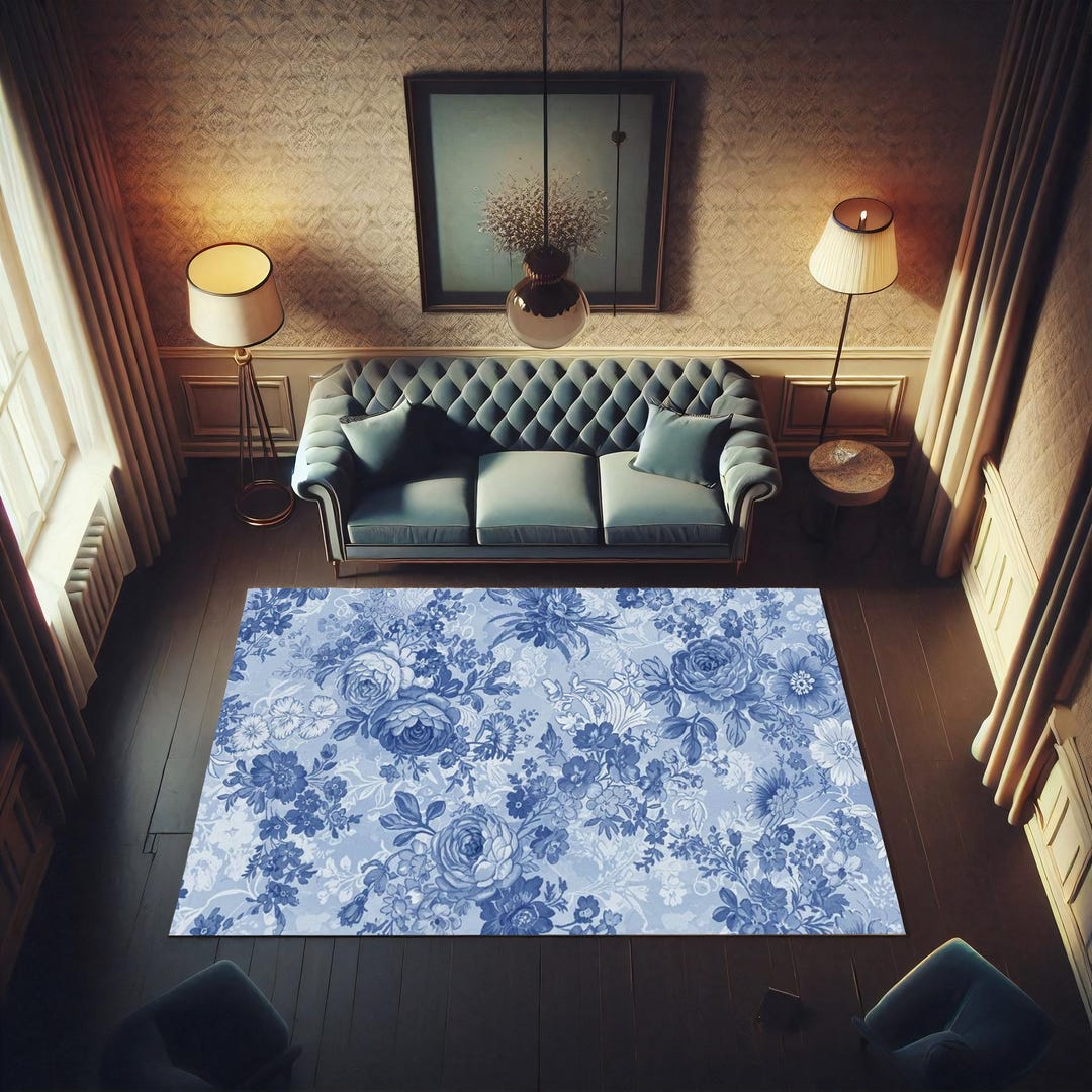 Rose Blue Rug Blue Floral Area Rug | Vintage Rose Pattern, Soft Chenille Base - Etsy